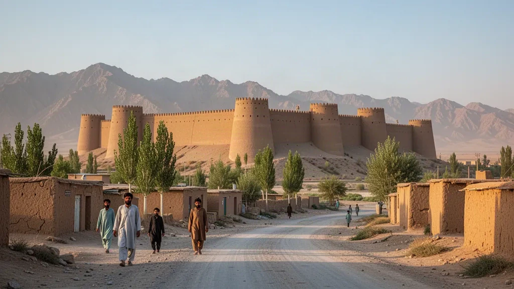Historic Farah Citadel rising above Farah, Afghanistan, with mud-brick walls, dusty streets, and arid mountains under warm afternoon light.