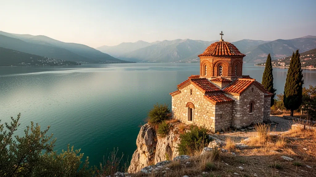 Church of St. John at Kaneo on a cliff above Lake Ohrid in North Macedonia, lit by warm afternoon light