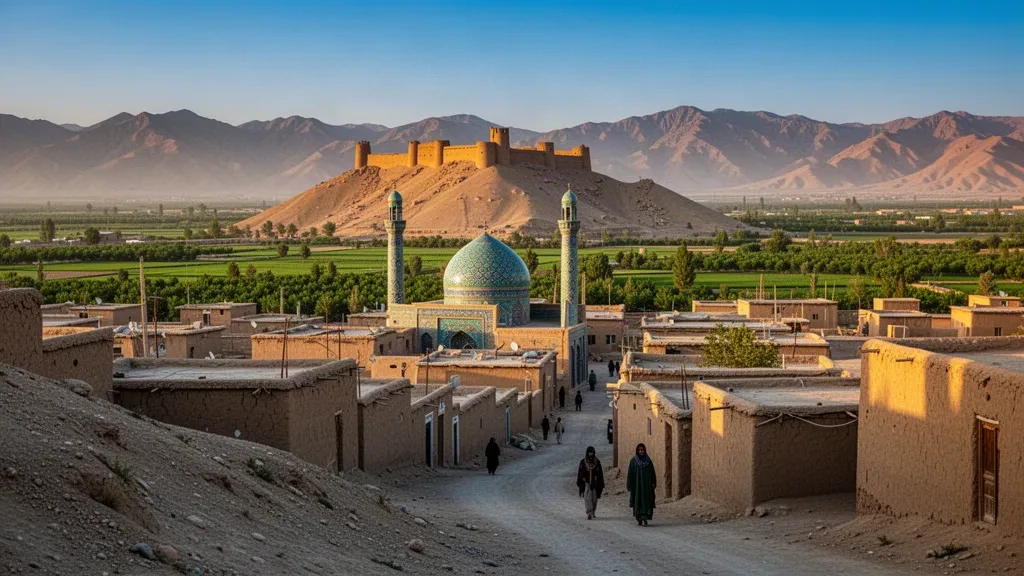 Blue-tiled mosque and hilltop citadel overlooking Maymana in Faryab Province, Afghanistan at golden hour