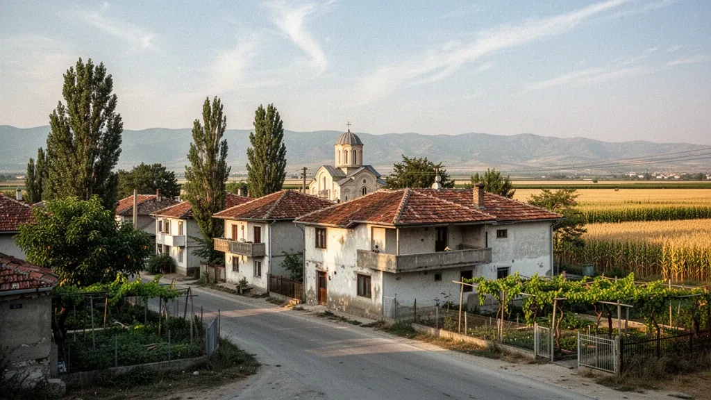 Case rurali basse e terreni agricoli nel villaggio di Petrovec, Macedonia del Nord, nella pianura del Vardar vicino a Skopje sotto una calda luce pomeridiana