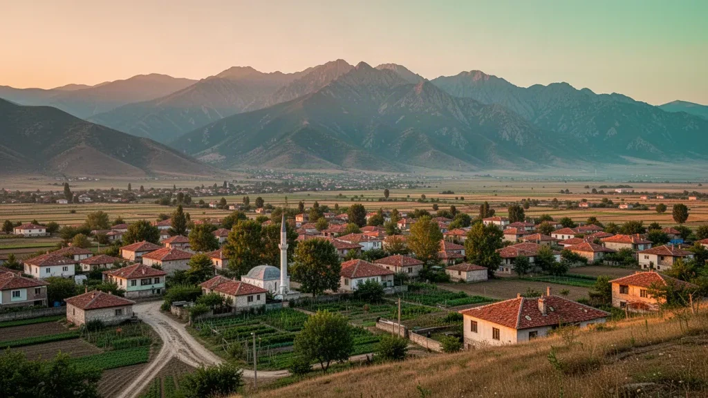 Vue à l'heure dorée sur le village de Vrapčište dans la vallée de Polog en Macédoine du Nord, avec des maisons aux toits rouges et les monts Šar en arrière-plan