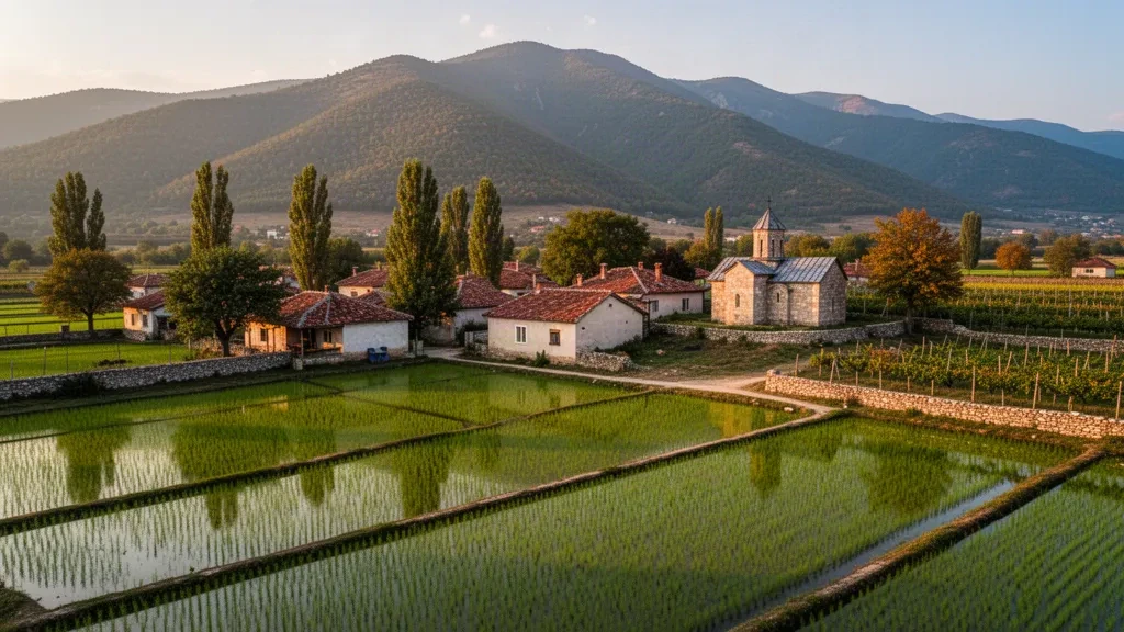 Arrozales y tejados del pueblo de Zrnovci en el valle de Bregalnica, en Macedonia del Norte, enmarcados por las montañas Osogovo a la hora dorada