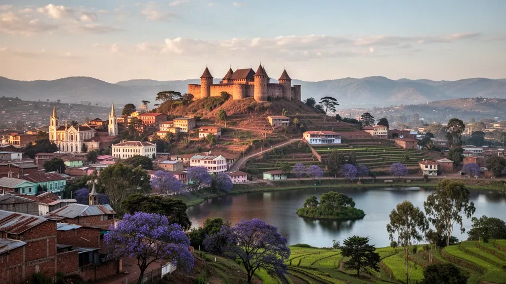 Veduta all'ora d'oro su Antananarivo, Madagascar, con il palazzo reale Rova sulla sommità della collina, case in mattoni rossi, alberi di jacaranda e il Lago Anosy.