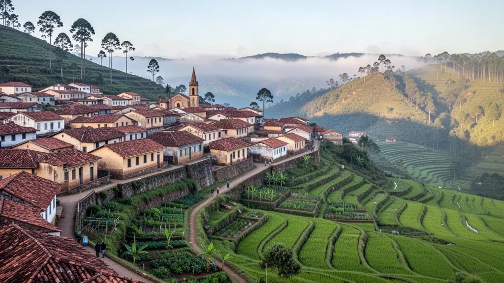 Vista de la ladera del casco antiguo de Fianarantsoa en Madagascar con tejados coloniales de tejas rojas sobre arrozales en terrazas