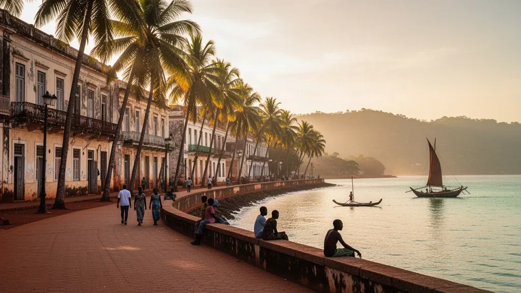 Blick zur goldenen Stunde auf die palmengesäumte Corniche-Promenade von Mahajanga in Madagaskar mit dem Mozambik-Kanal und traditionellen Segelbooten