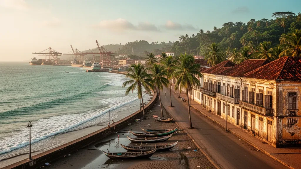 Von Palmen gesäumte Uferpromenade und Hafen von Toamasina, Madagaskar, im Licht des späten Nachmittags am Indischen Ozean