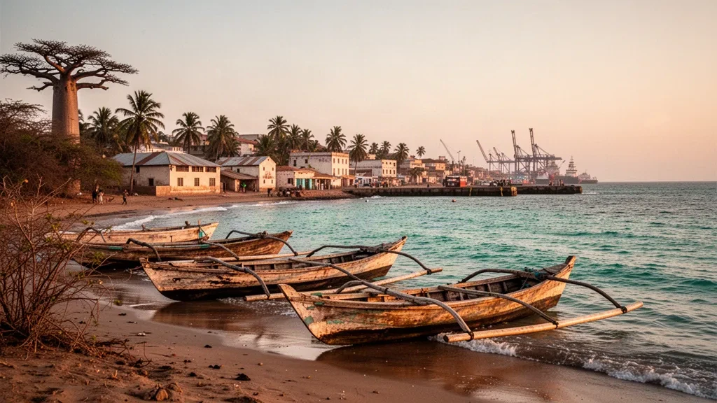 Vista durante la hora dorada de Toliara, Madagascar, con piraguas de pesca de madera en la orilla, cocoteros y el puerto a lo largo del canal de Mozambique