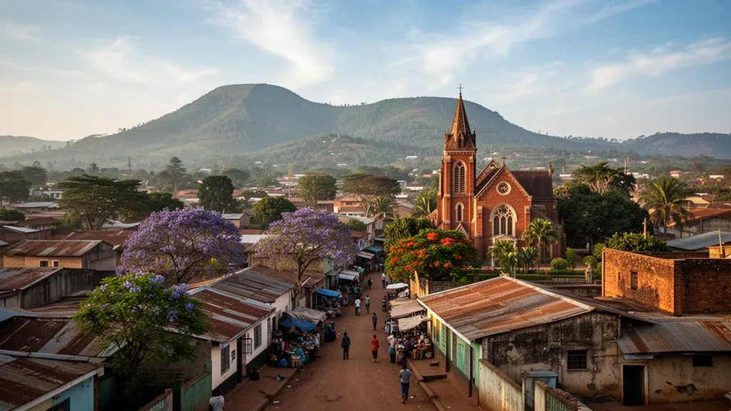 Blantyre city skyline in Malawi with red-brick colonial buildings, leafy streets and Michiru Mountain rising behind under warm afternoon light