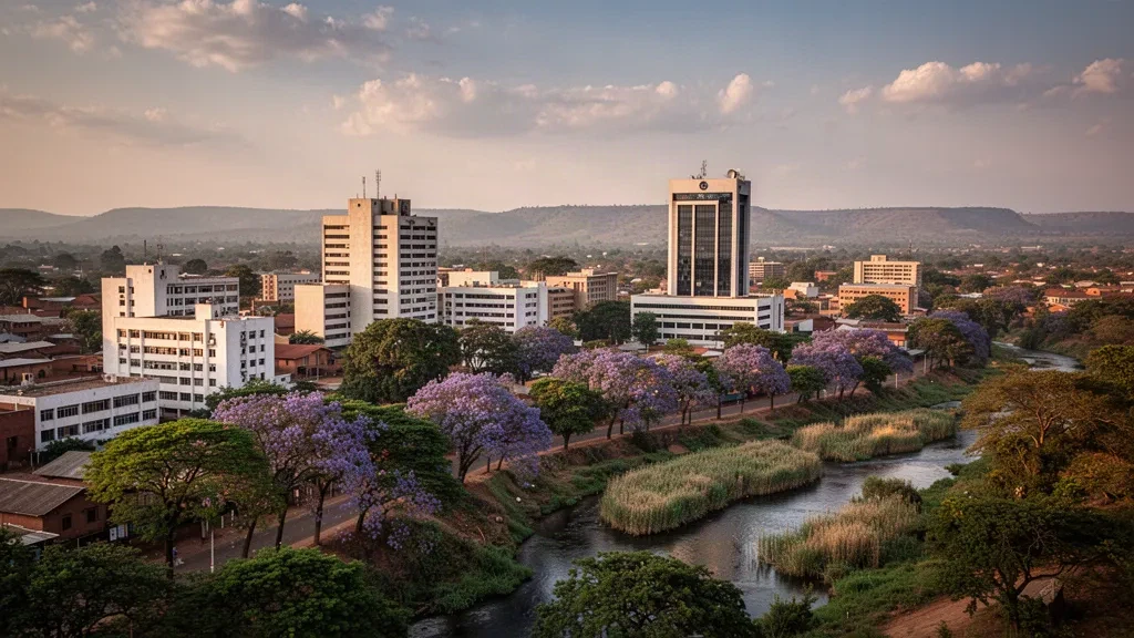 Golden-hour skyline of Lilongwe, Malawi's capital in the Central Region, with modern towers, tree-lined avenues and jacaranda blossom