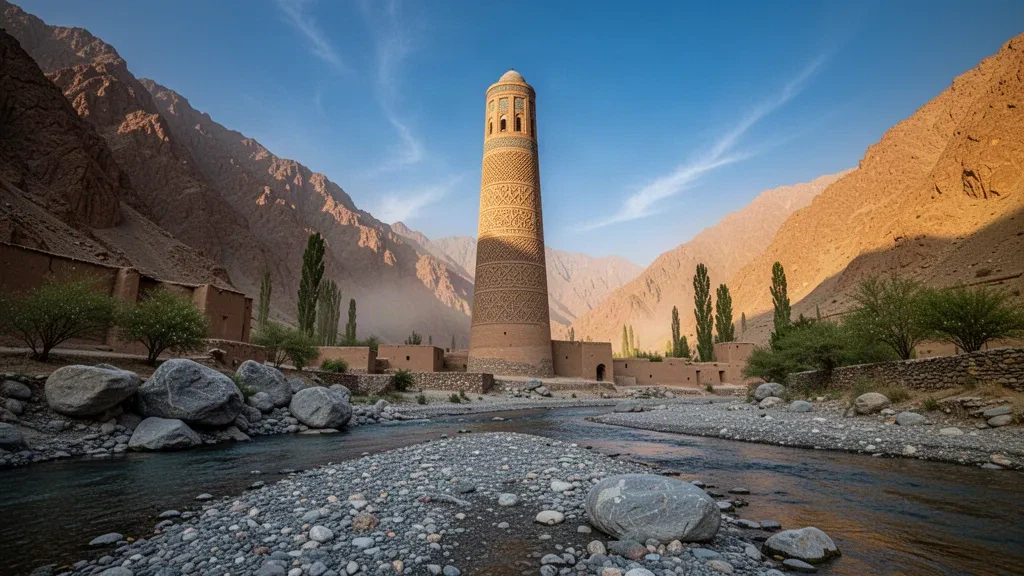 Le minaret de Djām s'élevant au-dessus de la vallée de l'Hari Rud dans la province de Ghōr, en Afghanistan, sous une lumière dorée d'après-midi