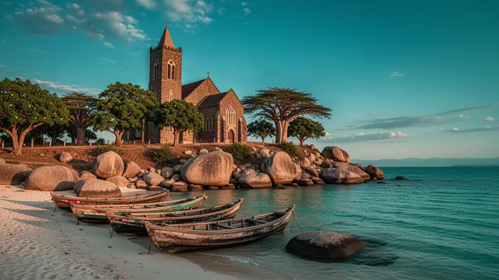 Luce dorata del pomeriggio su Likoma Island, Lago Malawi, con la storica cattedrale che si erge sopra gli alberi e le barche da pesca sulla riva