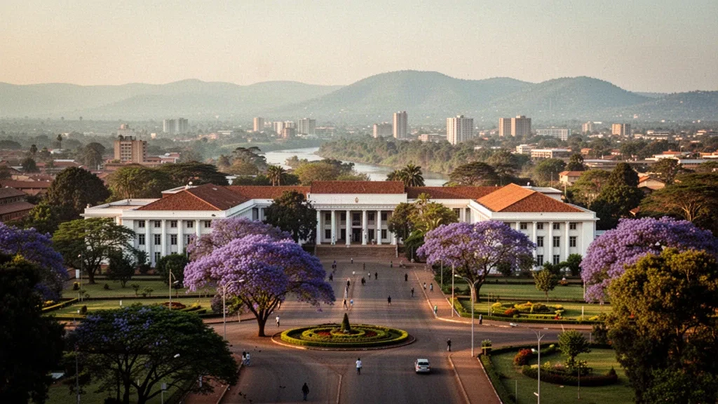 Vue à l'heure dorée sur Lilongwe, au Malawi, montrant le quartier gouvernemental de Capital Hill, des avenues bordées d'arbres et des jacarandas en fleurs