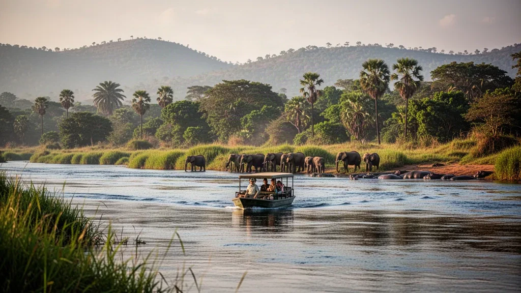 Elefanten und ein Safari-Boot auf dem Shire-Fluss im Liwonde-Nationalpark, Machinga, Malawi, im warmen Licht der goldenen Stunde.