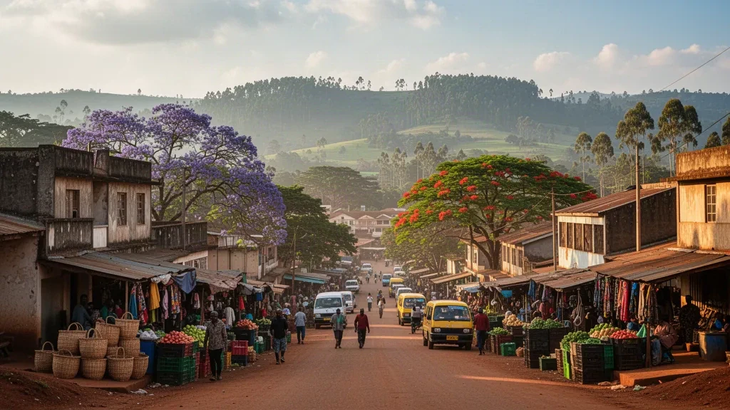 Straßenszene zur goldenen Stunde in Mzuzu, Nordmalawi, mit Marktständen, Fußgängern und grünen Hügeln hinter den Dächern