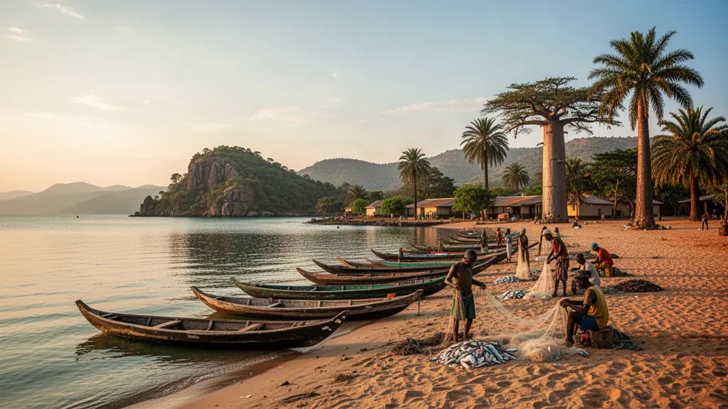 Vista en la hora dorada de la orilla del lago Malaui en Salima con canoas de pesca de madera en la arena y árboles baobab a lo largo de la playa