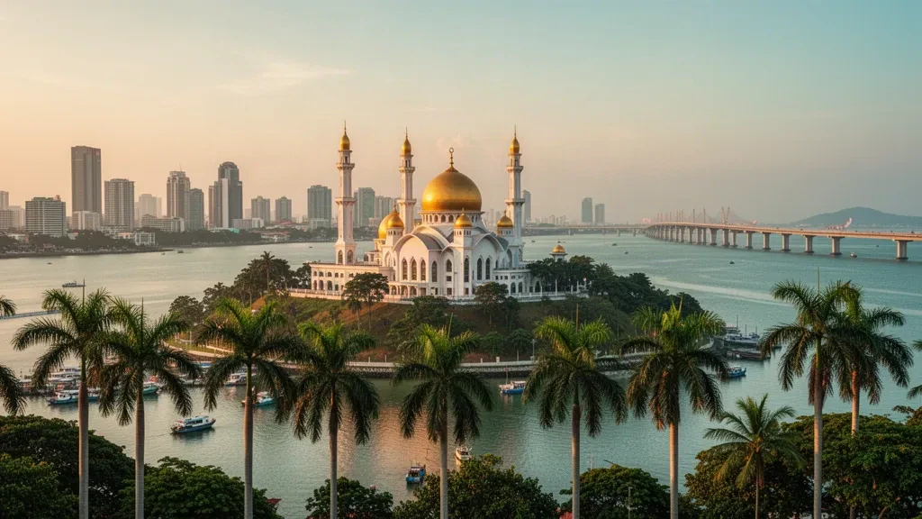 Moschea di Stato Sultan Abu Bakar a Johor Bahru, Malaysia, illuminata nell'ora d'oro sopra lo Stretto di Johor e lo skyline della città