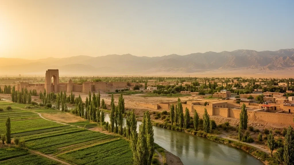 Goldene Stunde über Lashkar Gah, Helmand, mit dem Bogen der Zitadelle von Bost, dem Helmand-Fluss und Lehmdächern