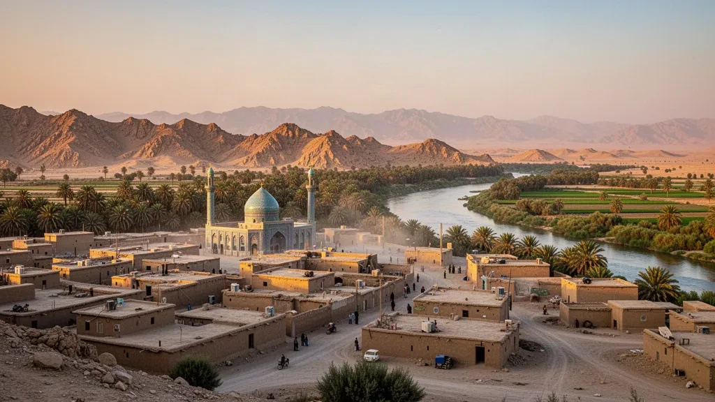 Stadtansicht von Lashkargah mit Moscheeminaretten und dem von Palmen gesäumten Helmand-Fluss in der Provinz Helmand, Afghanistan, zur goldenen Stunde