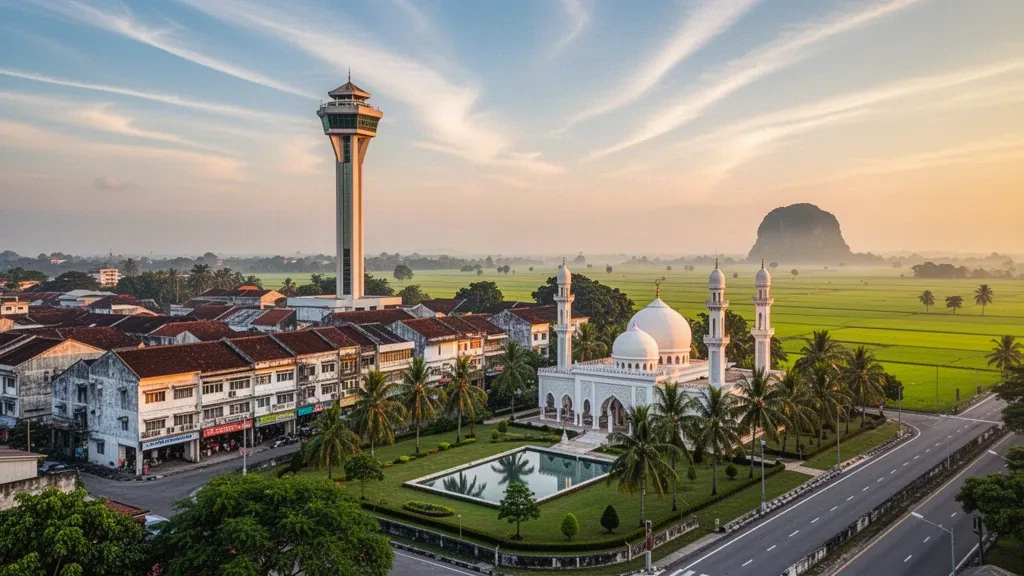 Vue à l'heure dorée d'Alor Setar, Kedah, Malaisie, montrant la tour Menara Alor Setar et la mosquée Zahir au dôme blanc au milieu de la verdure tropicale