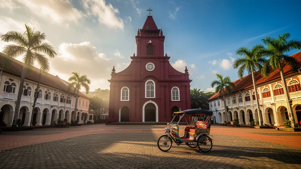 Christ Church and Stadthuys in Melaka's historic Dutch Square, Malaysia, glowing in warm late-afternoon tropical light