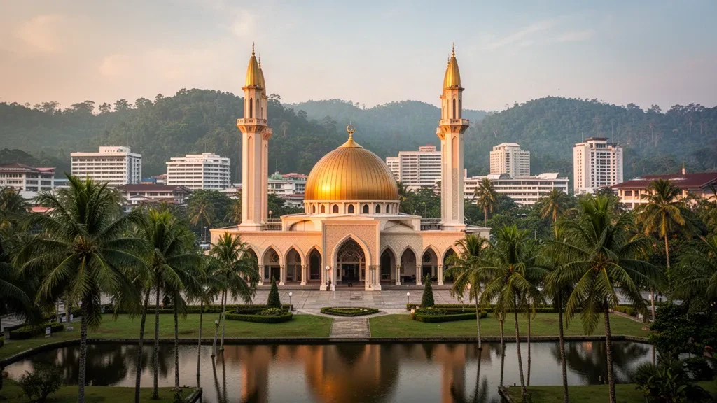 Blick zur goldenen Stunde auf Kuantan, Pahang, mit der Kuppel und den Minaretten der Sultan Ahmad Shah State Mosque, die über der Skyline der Stadt aufragen