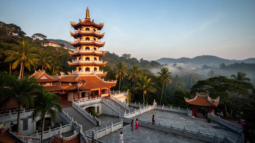 Veduta all'ora d'oro del Tempio Kek Lok Si a Penang, Malaysia, con i tetti a pagoda a più livelli che si ergono sopra una rigogliosa collina tropicale
