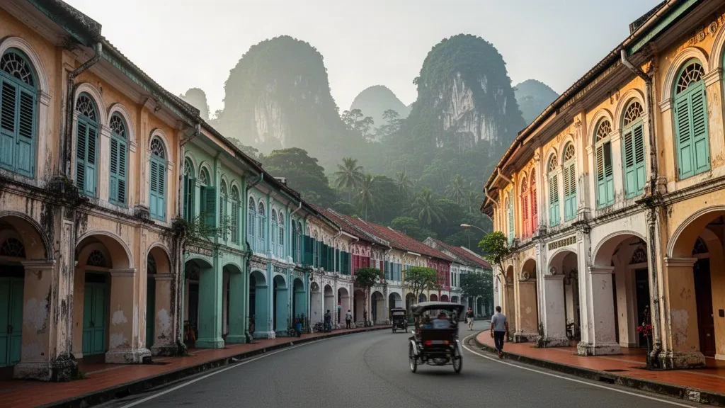 Maisons de commerce coloniales et collines calcaires dans la vieille ville d'Ipoh, Perak, Malaisie, éclairées par une lumière matinale chaude
