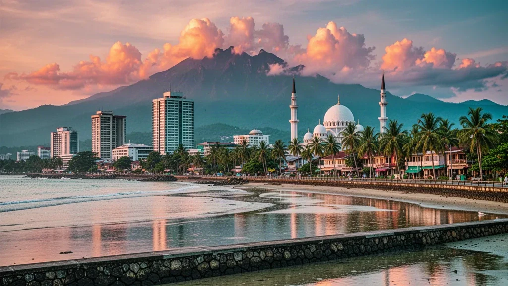 Vista del horizonte del paseo marítimo de Kota Kinabalu a la hora dorada con el Monte Kinabalu elevándose más allá del Mar de China Meridional en Sabah, Malasia