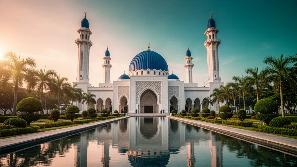 Blaue Moschee in Shah Alam, Selangor, Malaysia, mit ihrer blauen Kuppel und Minaretten, die sich zur goldenen Stunde in einem ruhigen Spiegelbecken spiegeln