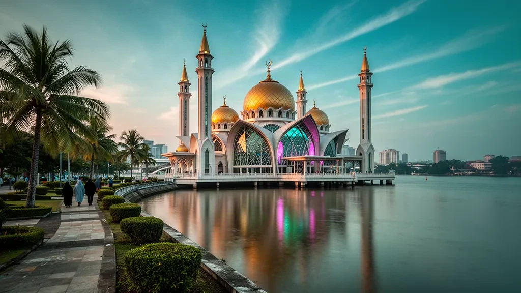 Kristallmoschee in Kuala Terengganu, Malaysia, leuchtet in der Abenddämmerung über dem Fluss Terengganu, ihre Glaskuppeln spiegeln sich in ruhigem Wasser