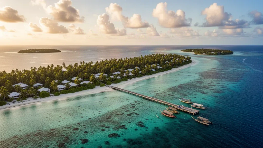 Luftaufnahme der Insel Hithadhoo mit ihrer türkisfarbenen Lagune und dem verbindenden Dammweg in Addu City, Malediven, in warmem Nachmittagslicht
