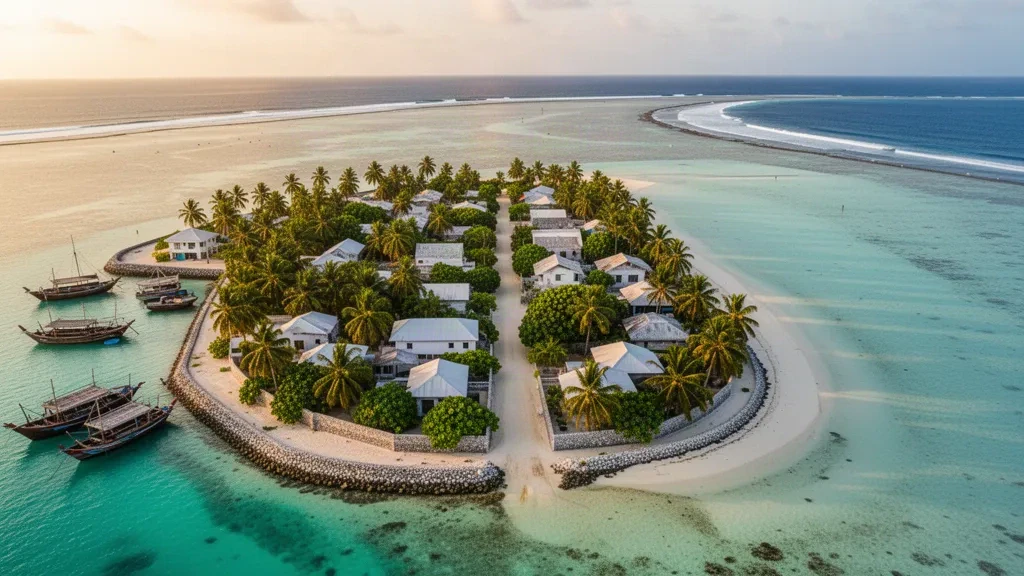 Luftaufnahme der Inselstadt Fuvahmulah im Gnaviyani-Atoll, Malediven, mit Kokospalmen, einem kleinen Hafen und einer türkisfarbenen Lagune zur goldenen Stunde