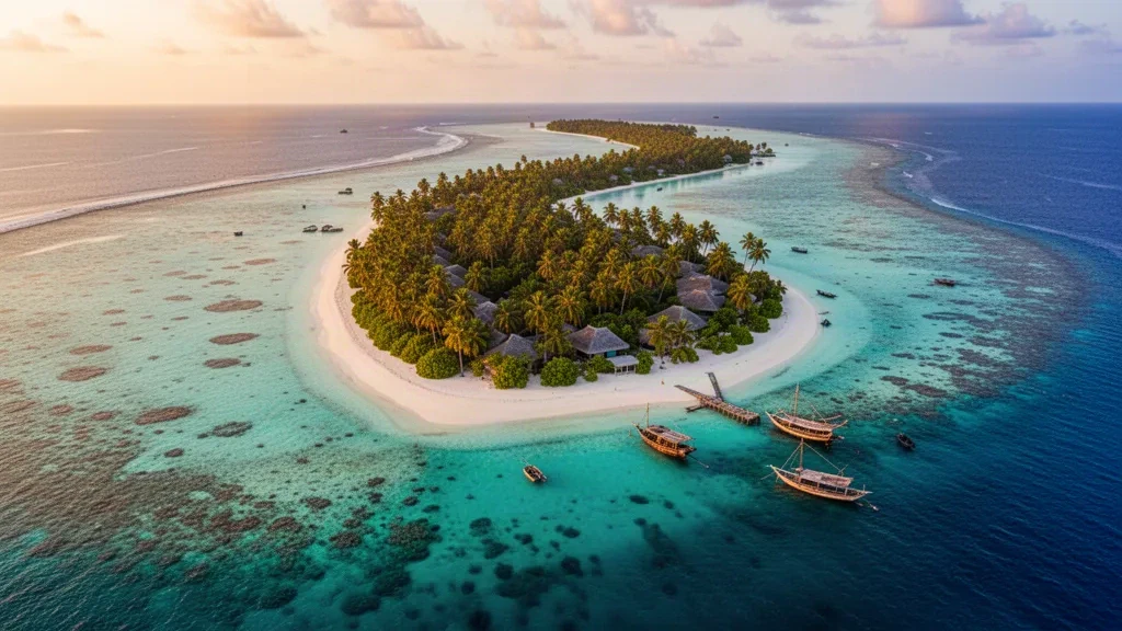 Vista aerea dell'Atollo di Gaafu Dhaalu nelle Maldive, con laguna turchese, barriere coralline e isole coperte di palme.
