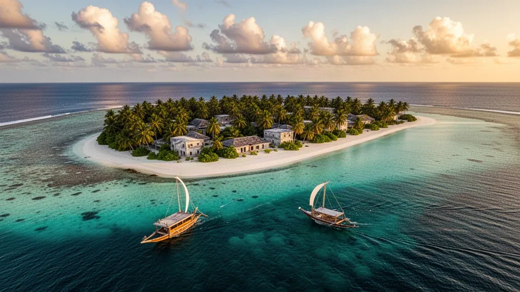 Vue aérienne d'une île bordée de palmiers et d'un lagon turquoise dans l'atoll de Haa Dhaalu, au nord des Maldives, à l'heure dorée