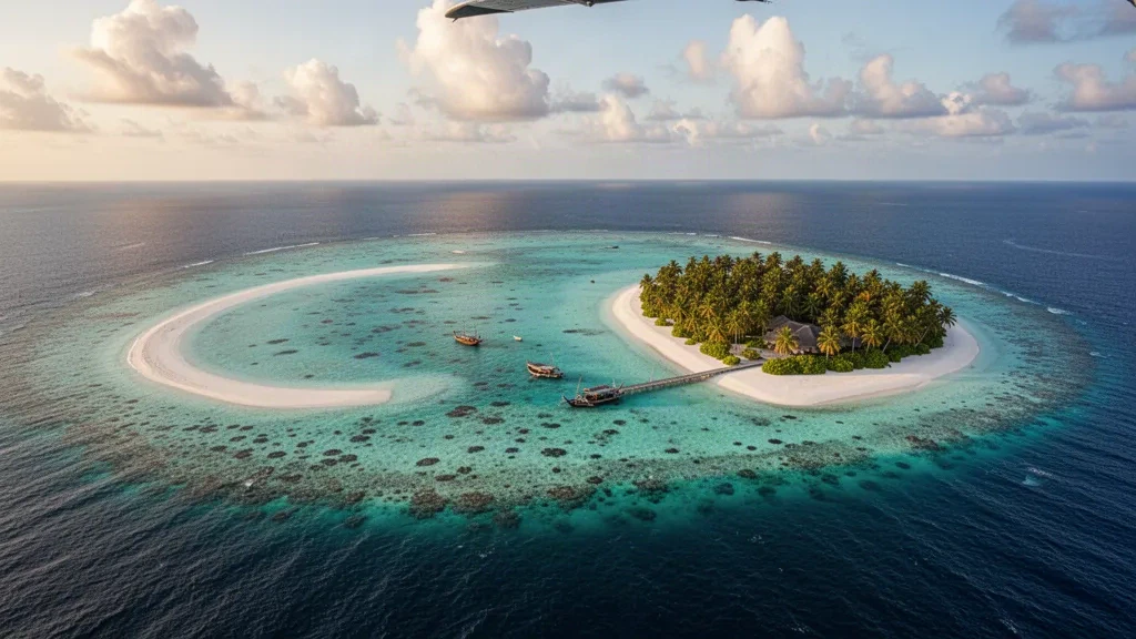 Vue aérienne de l'atoll de Lhaviyani aux Maldives avec des eaux lagon turquoise, des récifs coralliens et un littoral insulaire bordé de palmiers