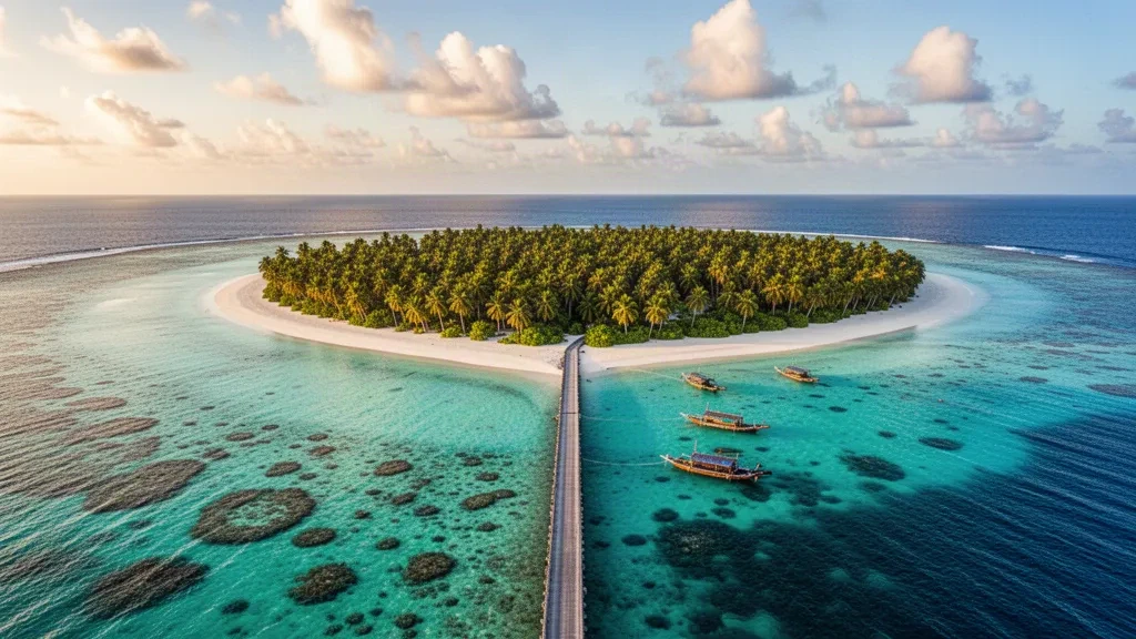Vista aerea dell'Atollo di Laamu nelle Maldive con acque turchesi della laguna, barriere coralline, isole coperte di palme e una strada rialzata che le collega