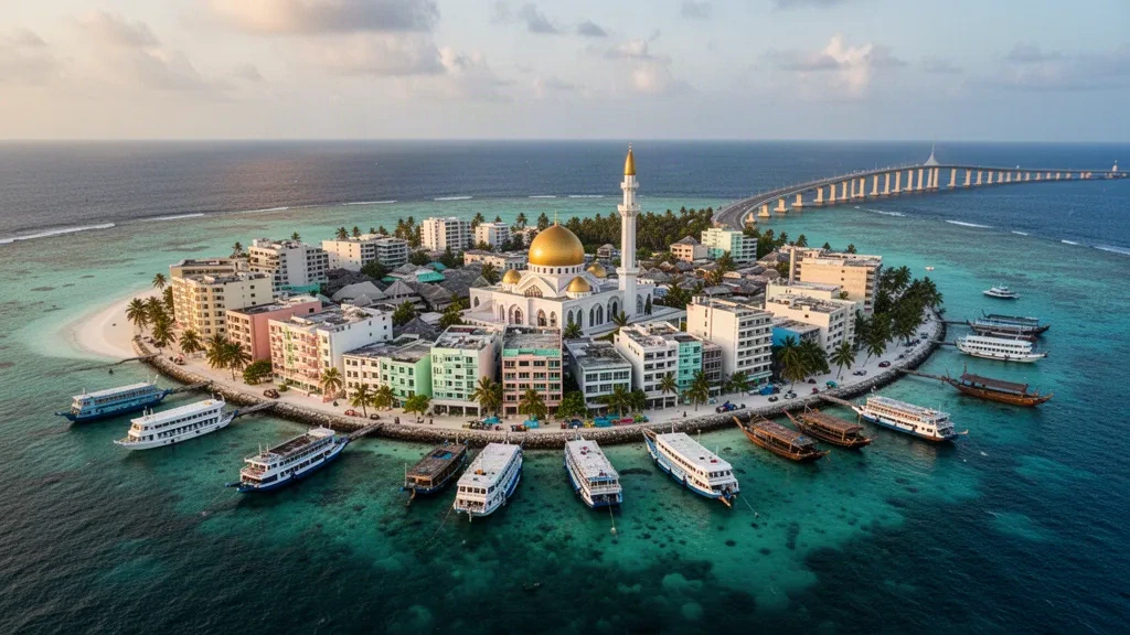 Veduta aerea di Malé, Maldive, con il suo denso skyline insulare, la cupola dorata della Grande Moschea del Venerdì e il porto sulla laguna turchese