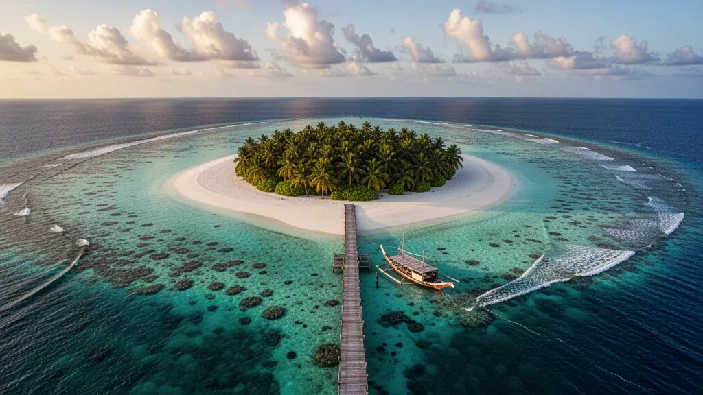 Vista aérea del Atolón de Raa en Maldivas con una isla cubierta de palmeras, playa de arena blanca, laguna turquesa y arrecife de coral