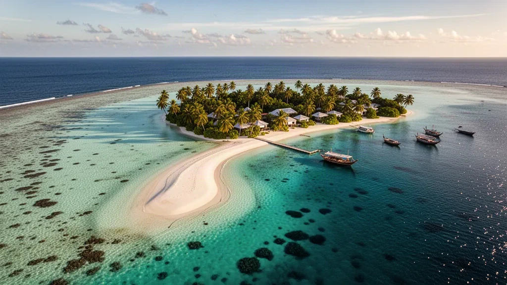 Luftaufnahme des Shaviyani-Atolls auf den Malediven mit türkisfarbener Lagune, Korallenriff, weißer Sandbank und palmenbedeckter Insel