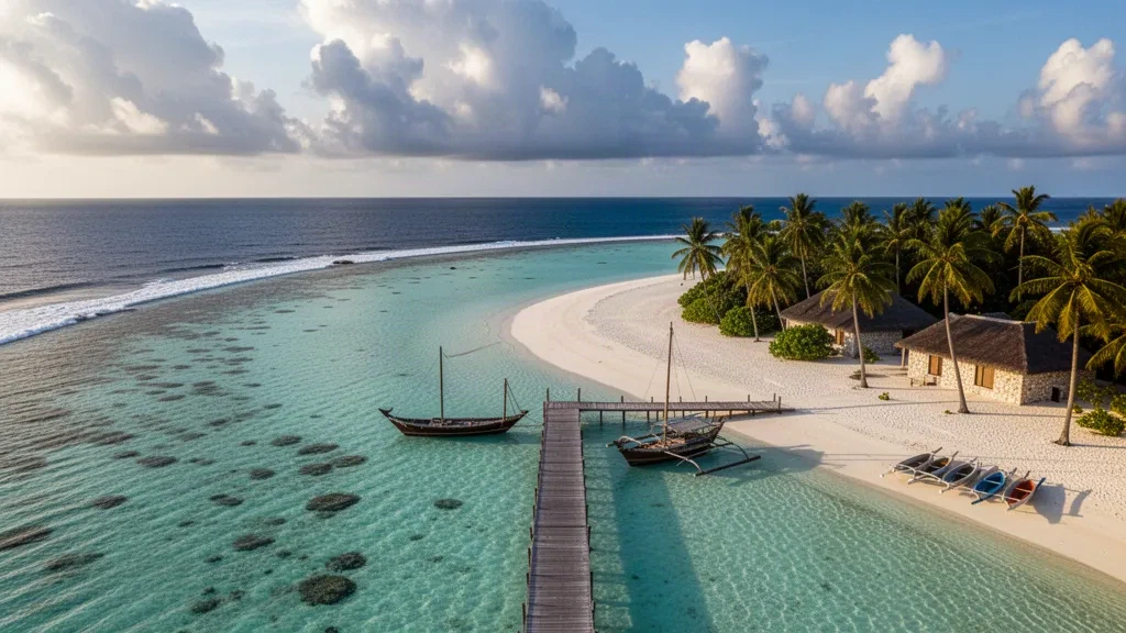 Laguna turchese e lingua di sabbia bianca orlata di palme e un pontile di legno su un'isola dell'Atollo di Vaavu, Maldive