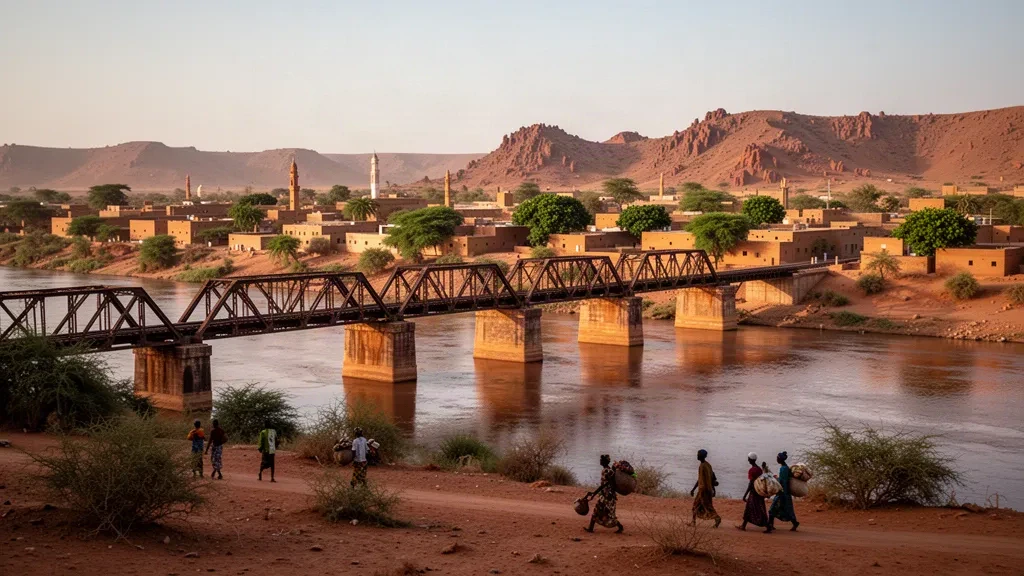 Blick zur goldenen Stunde auf die Eisenbahnbrücke über den Senegal-Fluss in Kayes, Mali, mit der Skyline der Sahel-Stadt im Hintergrund
