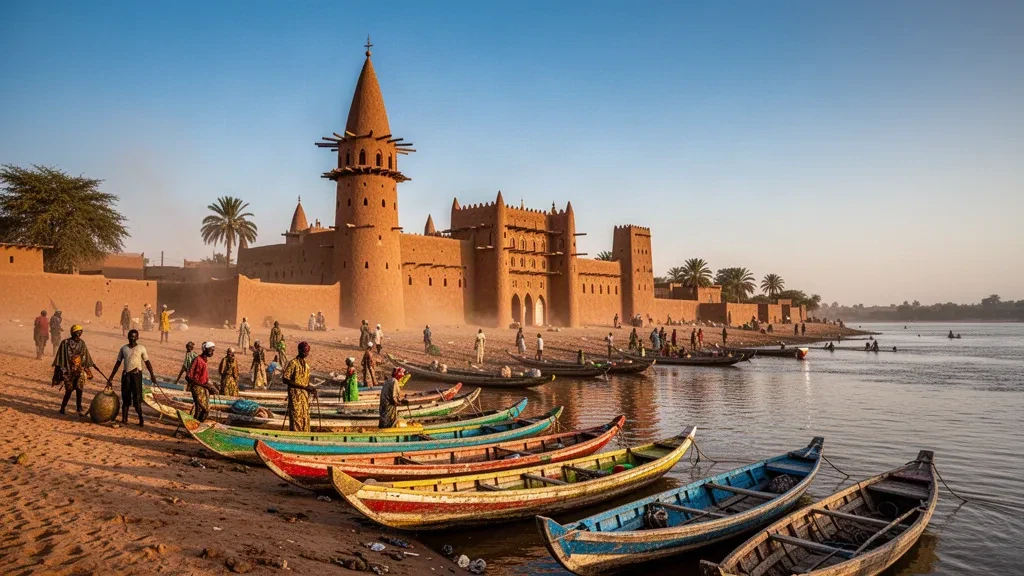La Grande Moschea di Mopti in Mali si erge sul lungofiume del Niger con imbarcazioni tradizionali in legno nell'ora d'oro.