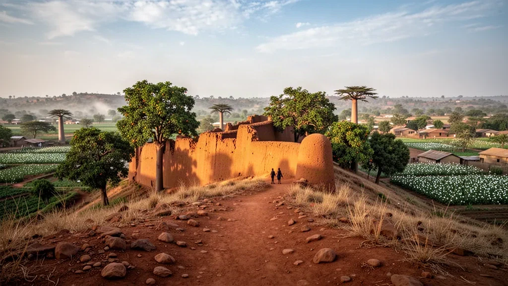 Muro di terra della fortezza Tata sulla collina Mamelon a Sikasso, Mali, incorniciato da alberi di mango nella calda luce dorata del pomeriggio