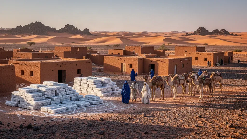 Mud-brick buildings and a camel caravan at the remote Saharan salt-mining settlement of Taoudénit, Mali