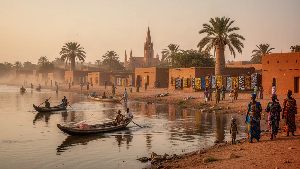 Mali, Ségou'nun altın saatlerdeki görünümü; Nijer Nehri üzerinde geleneksel piroglar ve nehir kıyısı mimarisi.
