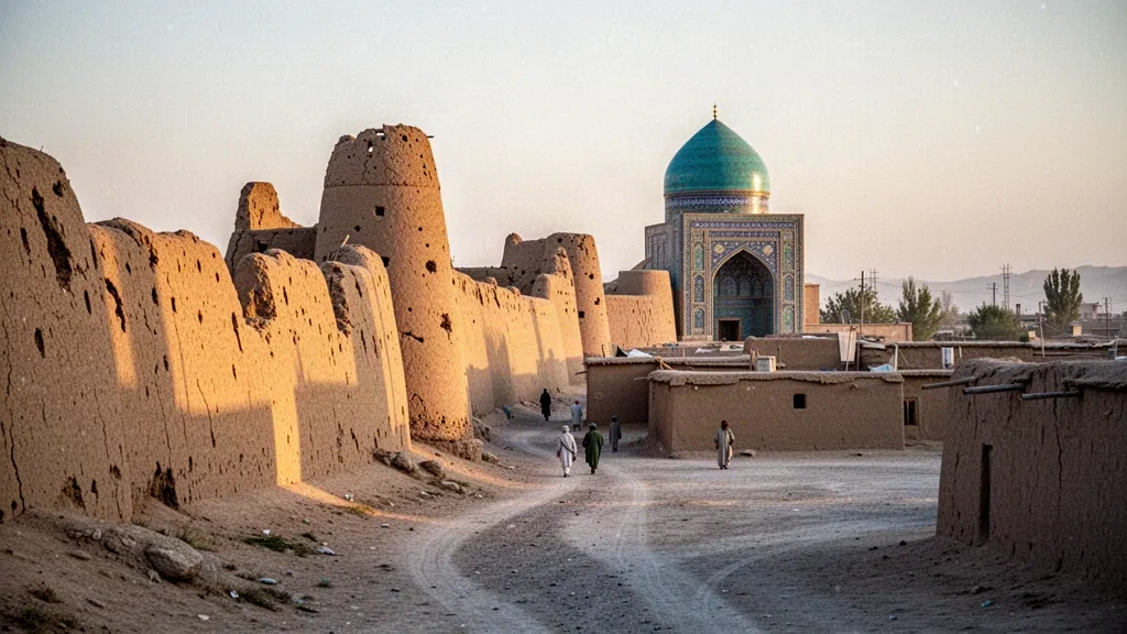 Anciens murs en briques crues et sanctuaire Khwaja Abu Nasr Parsa au dôme turquoise à Balkh, en Afghanistan, baignés dans une chaude lumière de fin d'après-midi