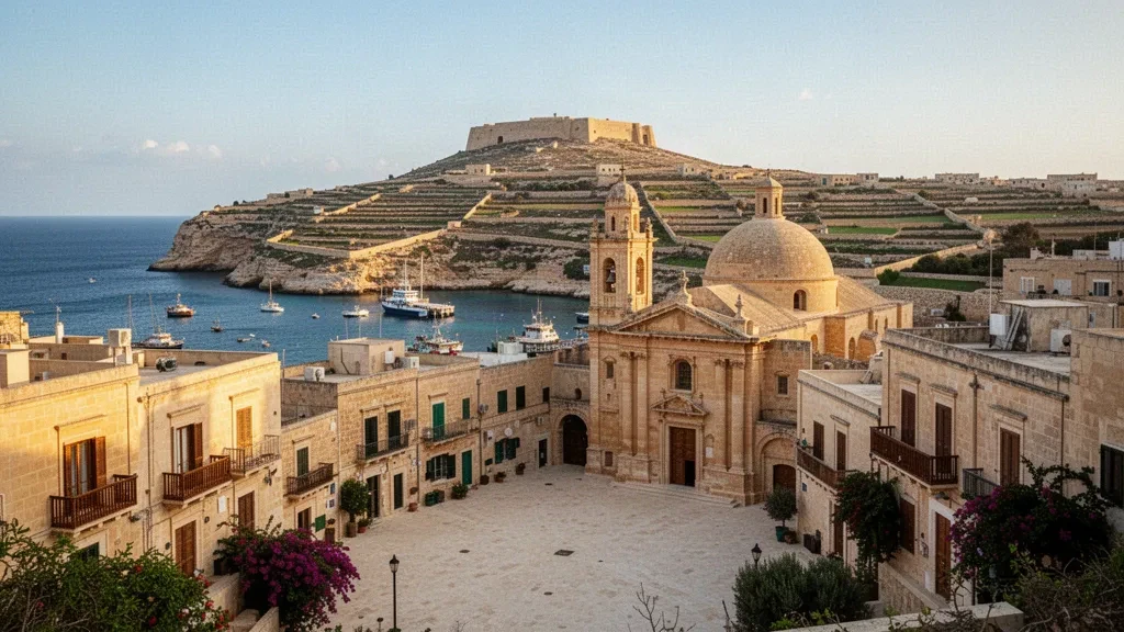 Sunlit limestone village square and parish church of Għajnsielem on Gozo, Malta, with Mġarr harbour and Mediterranean sea beyond