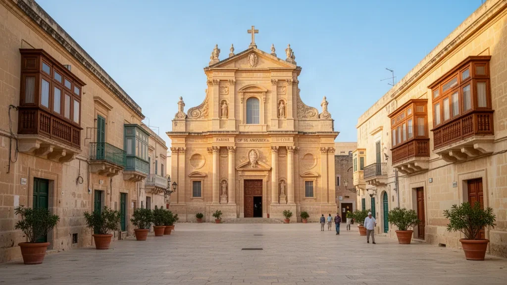 Plaza del pueblo de Luqa, Malta, bañada por el sol, con la iglesia parroquial barroca de San Andrés y fachadas de piedra caliza color miel.