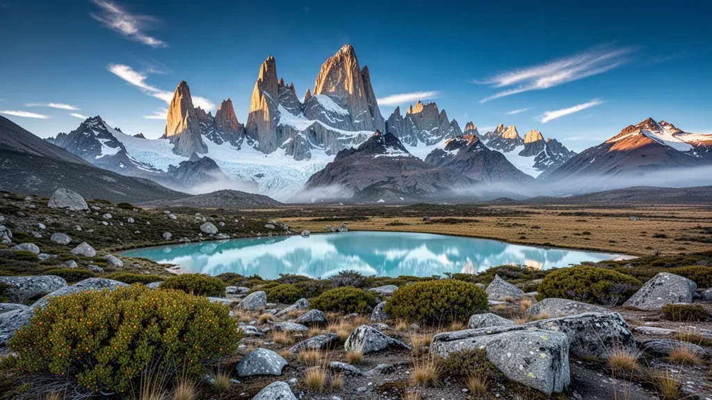El monte Fitz Roy cubierto de nieve elevándose sobre la turquesa Laguna de los Tres en la Patagonia, Argentina, bajo una clara luz matutina