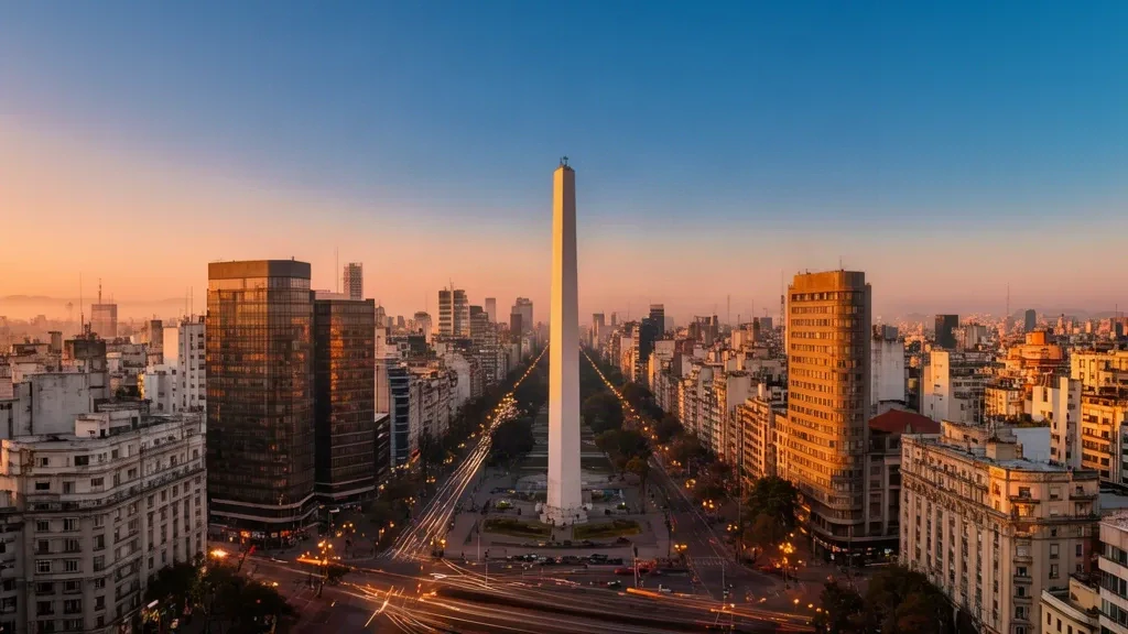 Panorama de Buenos Aires à l'heure dorée avec l'Obelisco et l'avenue 9 de Julio, représentant l'Argentine pour une page de voyage et de mobilité.